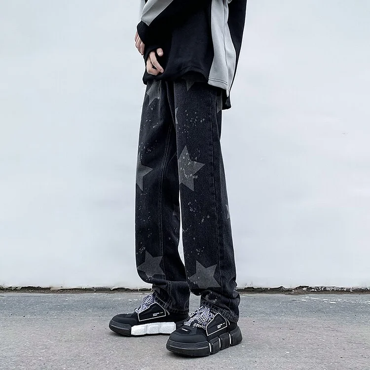 Hip Hop Star Splash Ink Straight Jeans Denim Trousers Loose Wide Leg Street Pants at Hiphopee