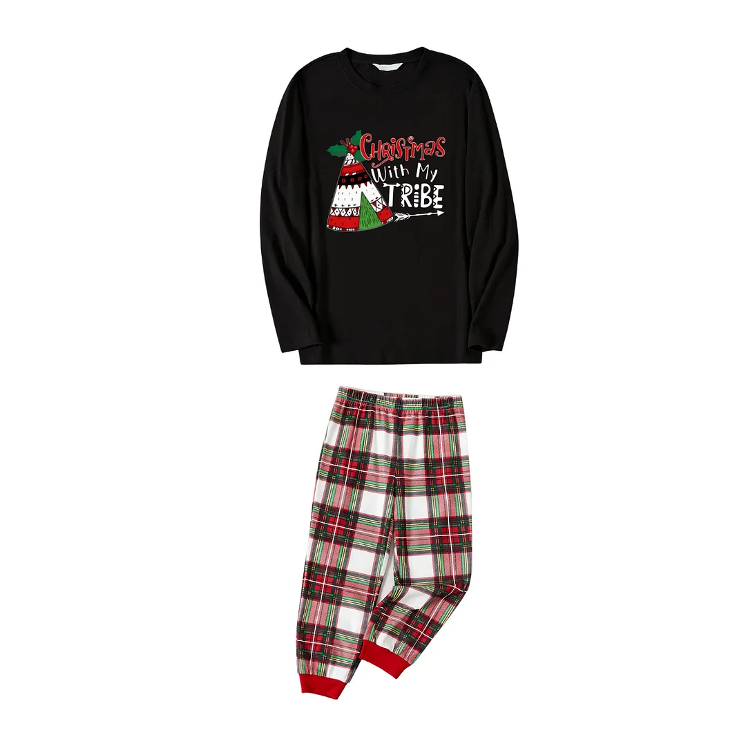 "Christmas With My Tribe" Pattern Ⅰ - Black Top with Red & White & Green Plaid Pants Family Matching Pajamas