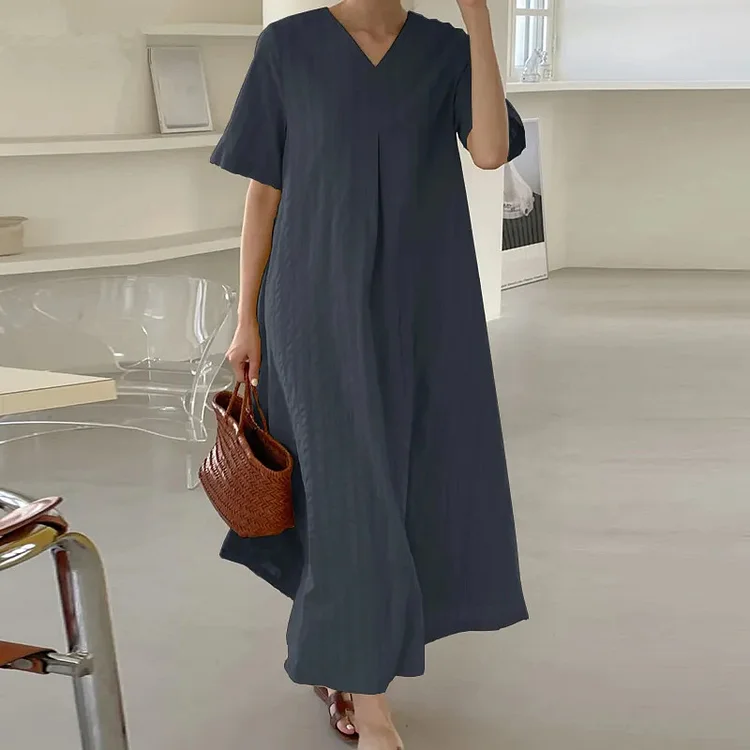V-Neck Short Sleeved Elegant Solid Color Loose Fitting Maxi Dress