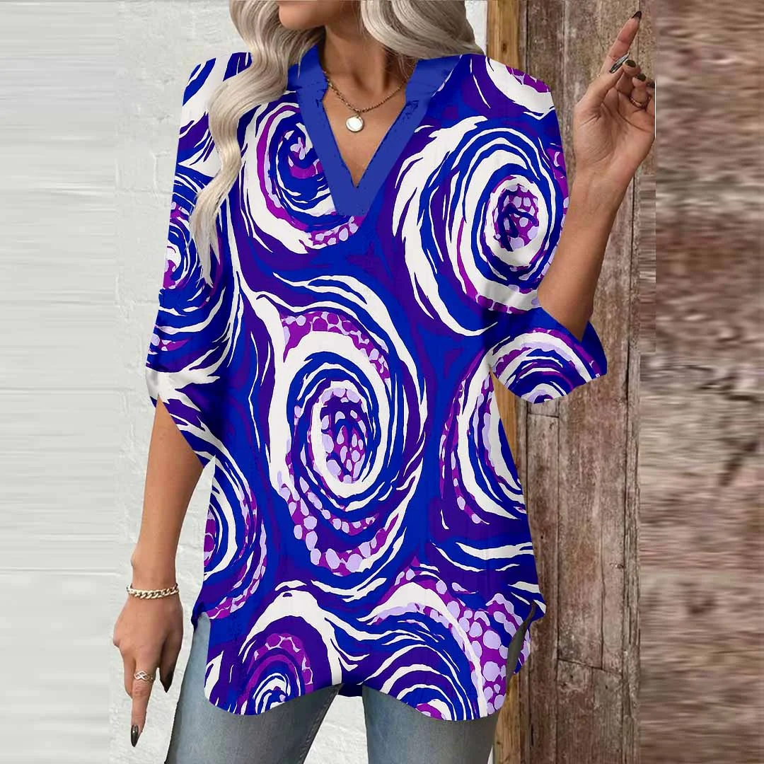 Women Polka Dots, Purple DZGA0498 3/4 Sleeve V-neck Printed Graphic Button Tops