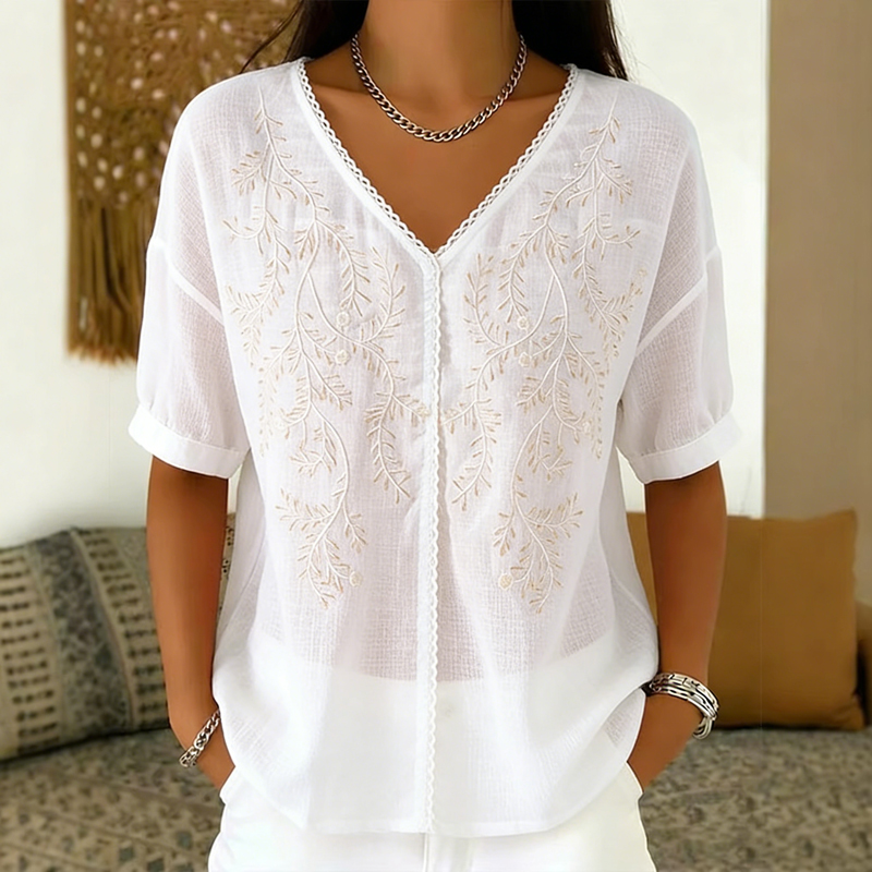 Women's Embroidered Art Linen Blend Blouse elevenforest