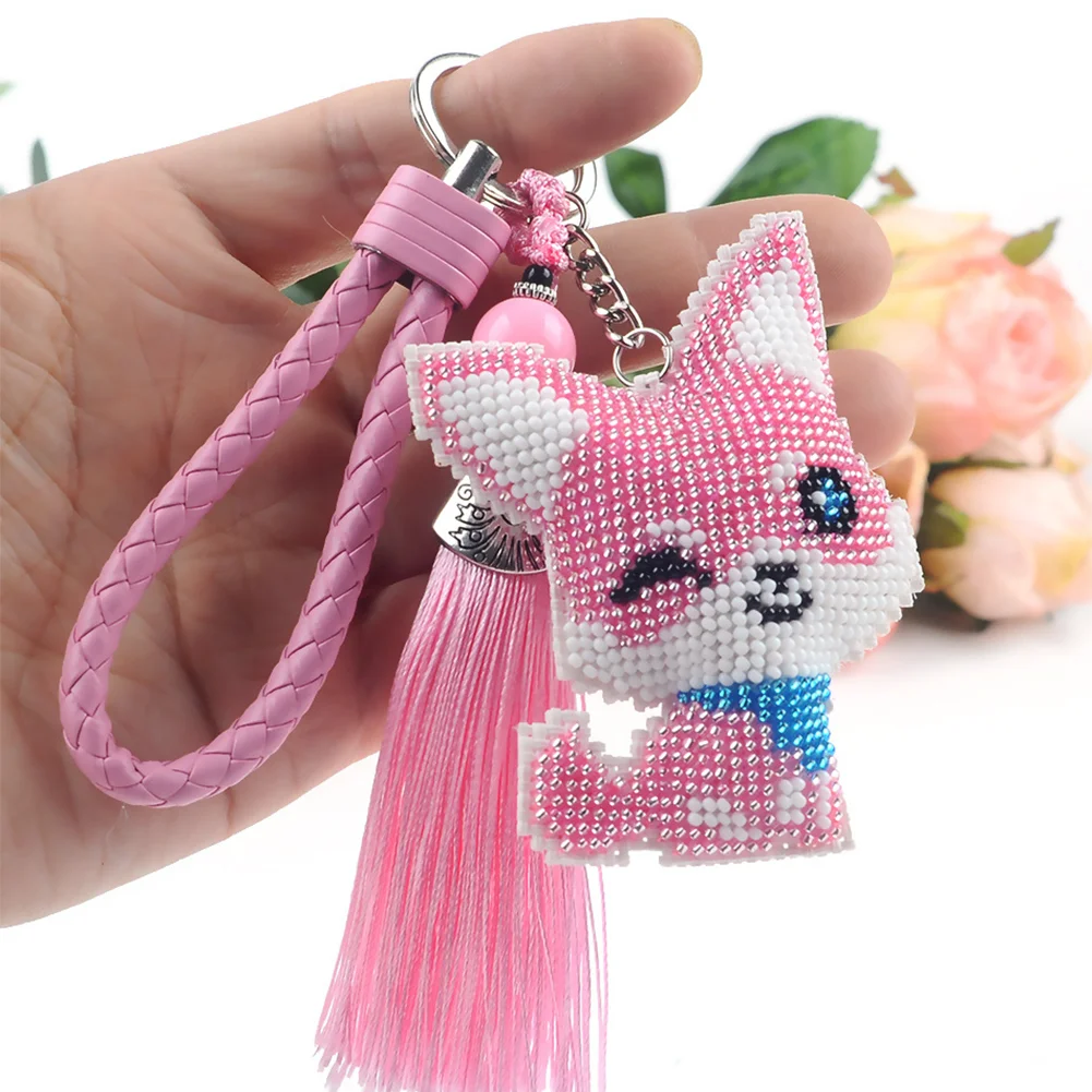 2Pcs Red Pink Fox - Stamped Bead Embroidery - Keychain