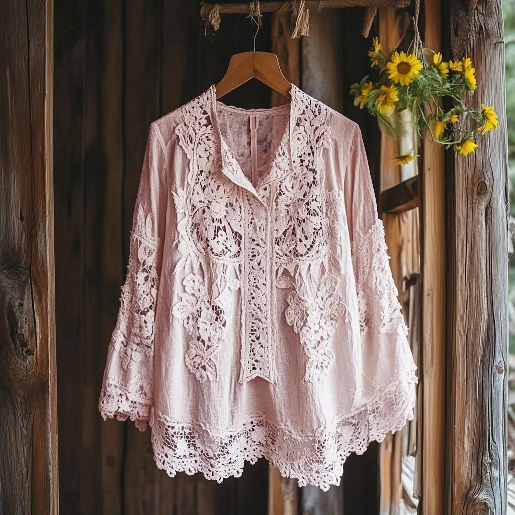 Women's Retro Floral Lace Embroidery Art V-neck Shirt