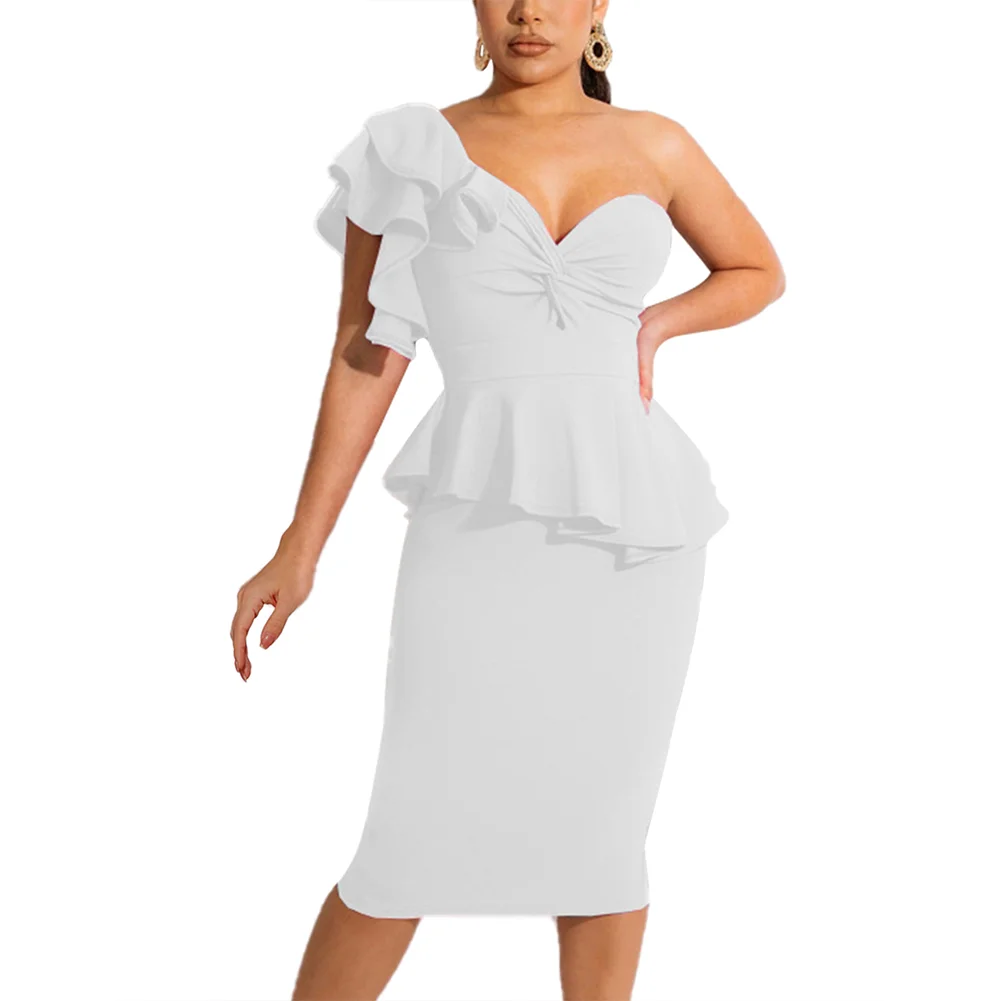 White Cotton Blend Ruffled One Shoulder Midi Dress