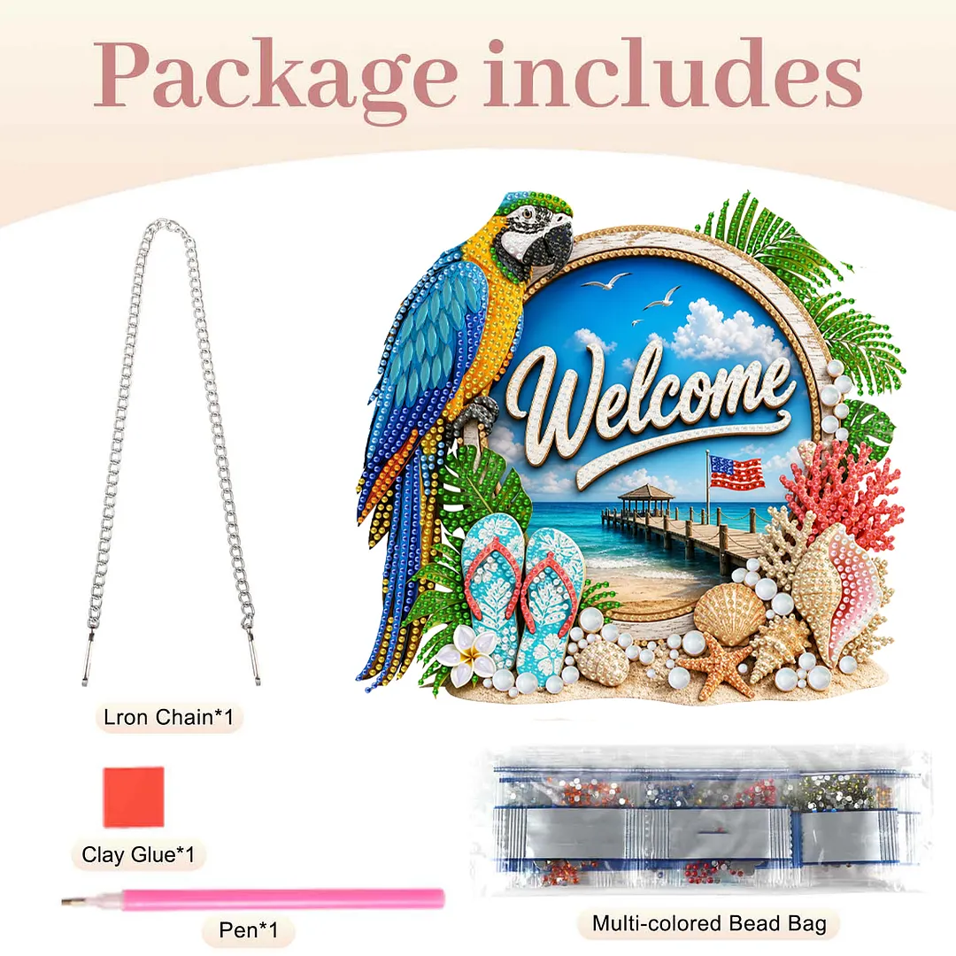 Parrot Beach Welcome Sign 2D Flat DIY PET Diamond Painting Pendant Special Shape Hanging Gem Art Paintings Charm Single Side Drill for Adults Home Wall Window Decor