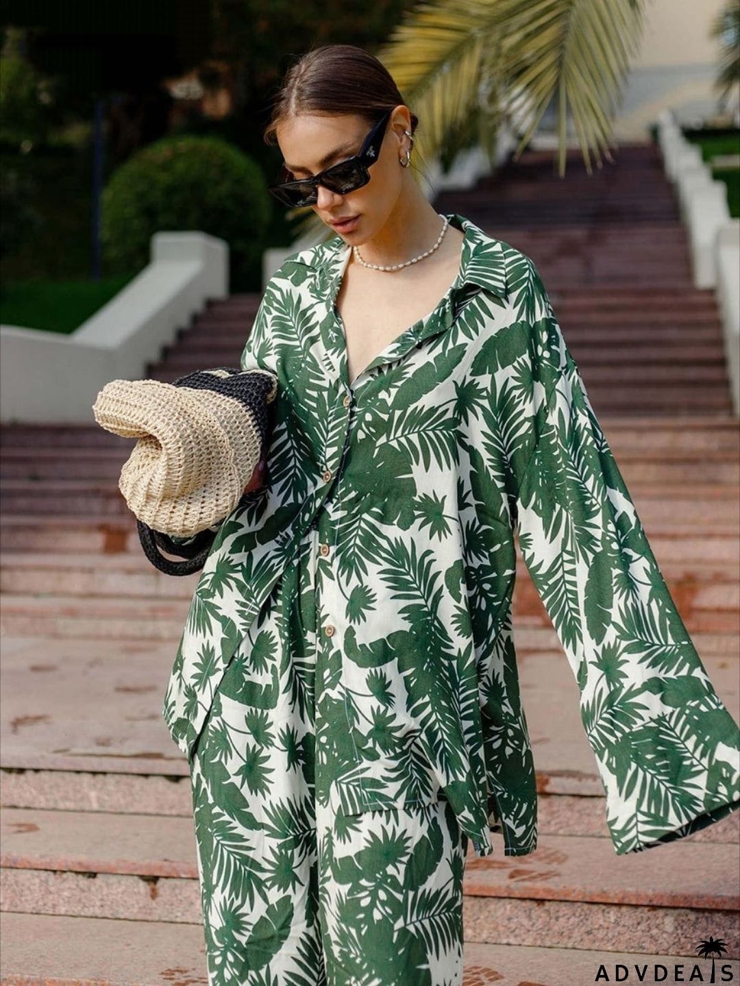 Ashore Shop Tropical Print Long Sleeve Blouse 2 Piece Sets Women Outfit
