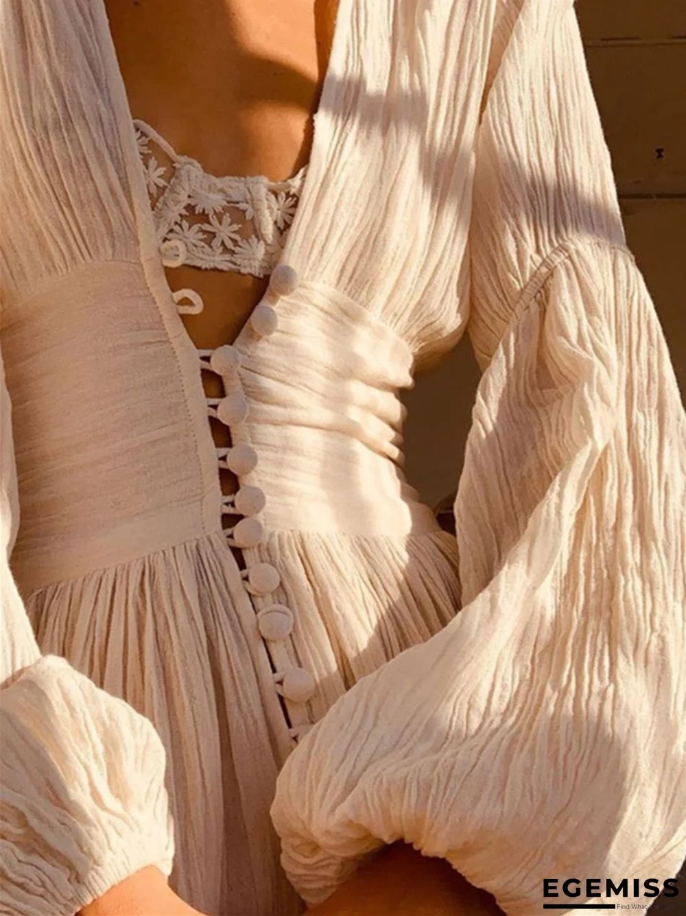 French Retro V-Neck Long Skirt Waist Fold Loose Dress | EGEMISS