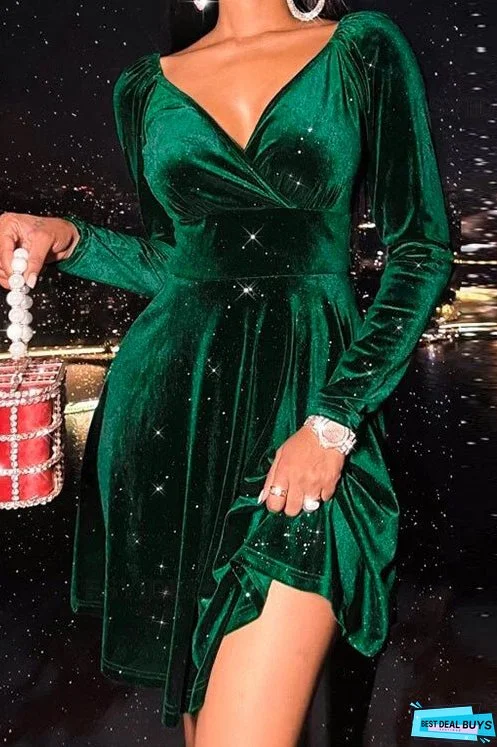 Meridress V Neck High Waist Velvet Swing Dress