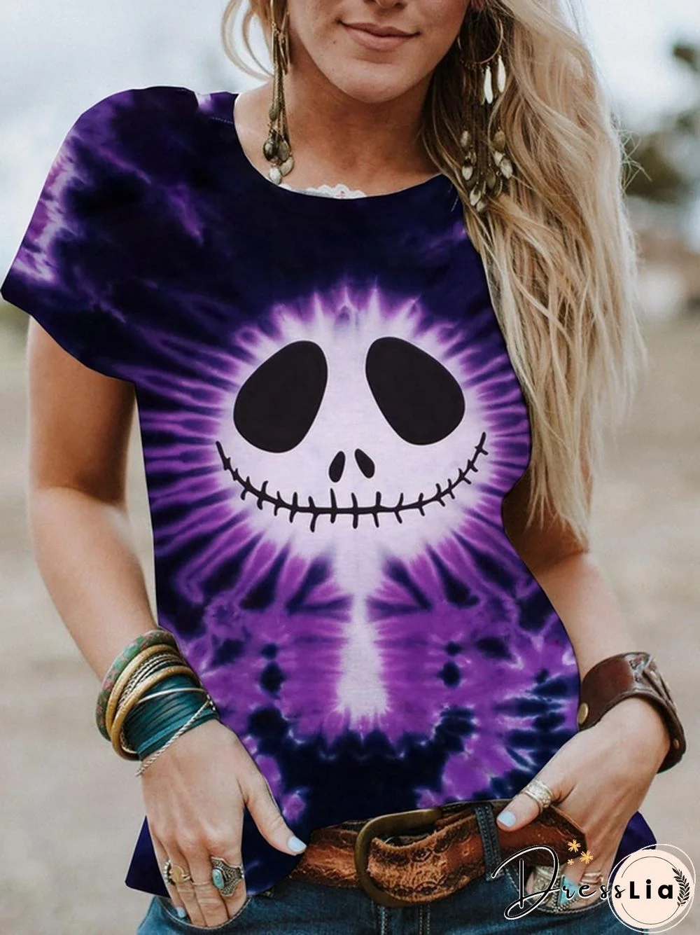 Halloween Tie-dye Grimace Print Short-sleeved T-shirt