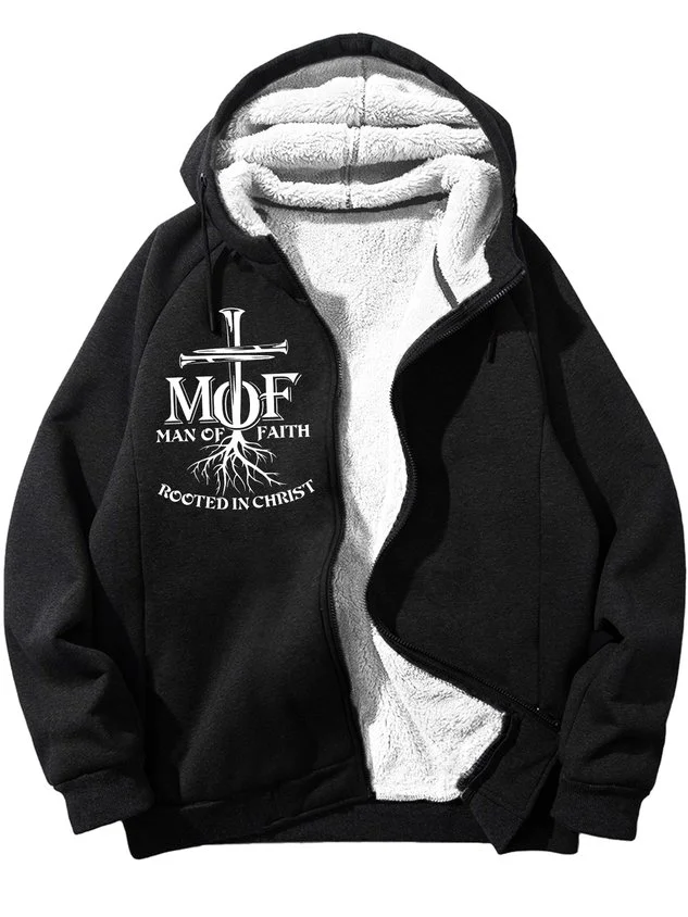 Men's Mof Man Of Faith Rooted In Christ Text Letters Graphic Print Hoodie Zip Up Sweatshirt Warm Jacket With Fifties Fleece socialshop