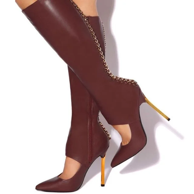 Maroon Cutout Pointed Toe Stiletto Heel Knee High Boots for Women |FSJ Shoes