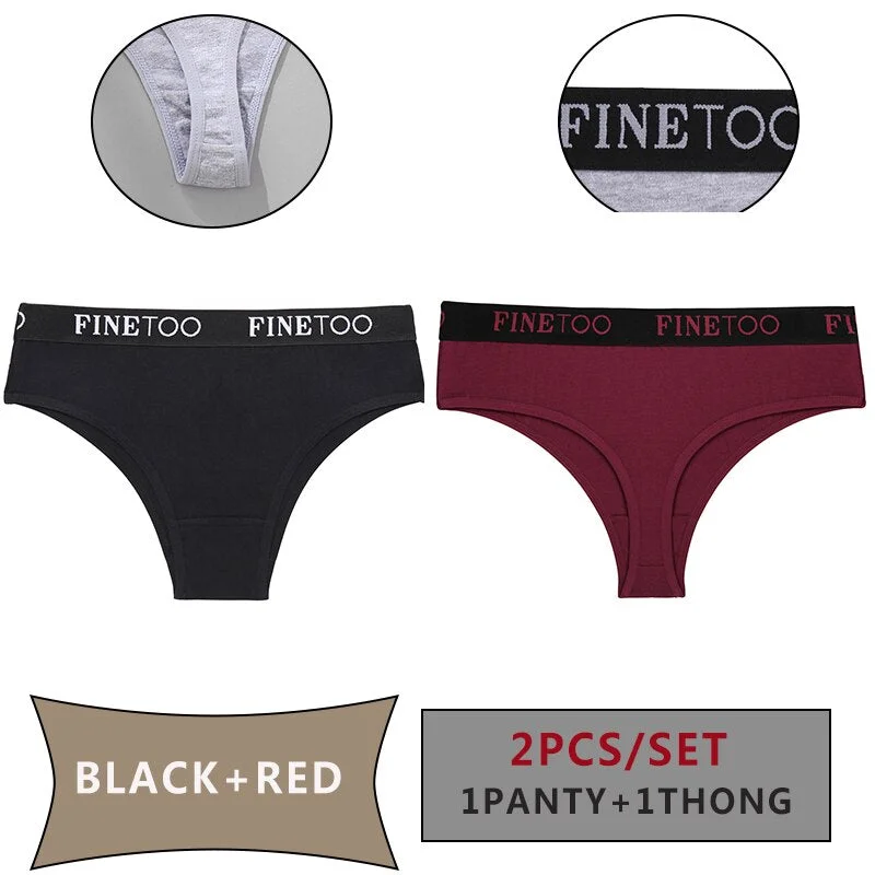 FINETOO 2PCS/Set Women Cotton Panties Sexy Letter Underwear Panty Thong Low Waisted 1Panty+1G-string Brief Tanga Lingerie Femme