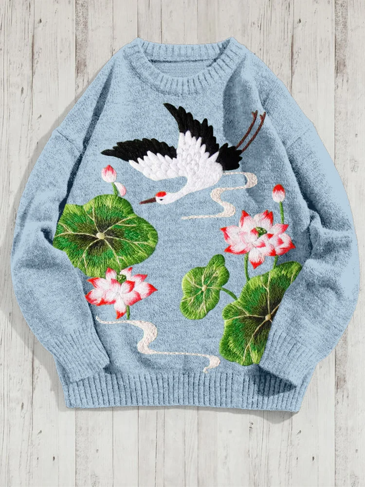 Crane And Lotus Flower Embroidered Cozy Knit Sweater
