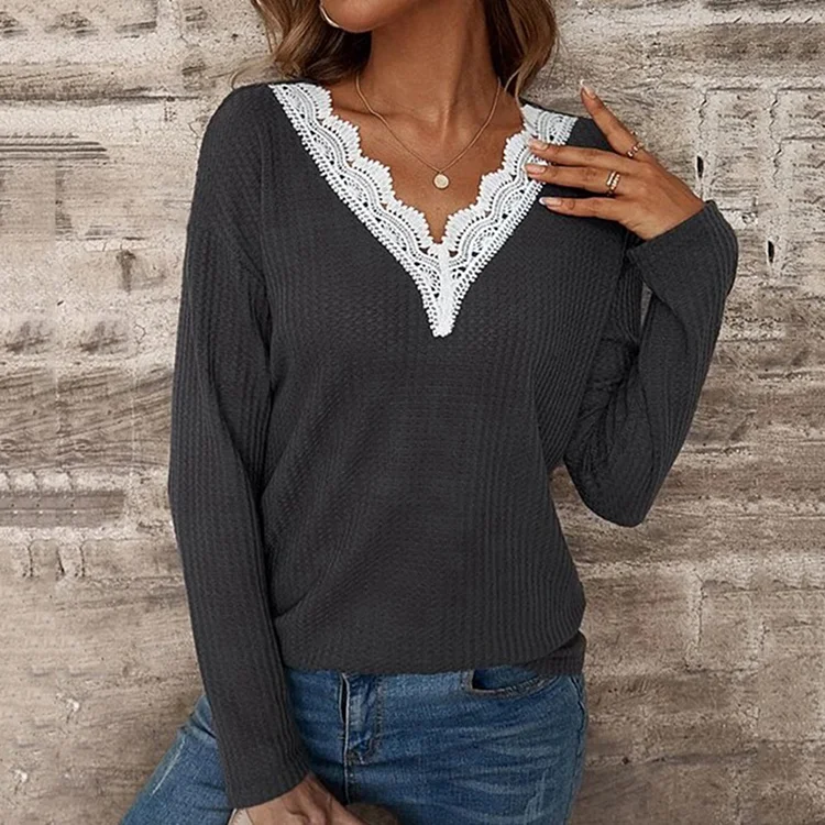 Wearshes Lace Up Long Sleeve Casual T-Shirt