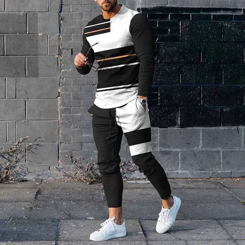 Men's Multi Color Splicing Casual Long Sleeve T-Shirt And Pants Co-Ord