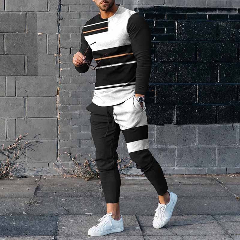 Men's Multi Color Splicing Casual Long Sleeve T-Shirt And Pants Co-Ord
