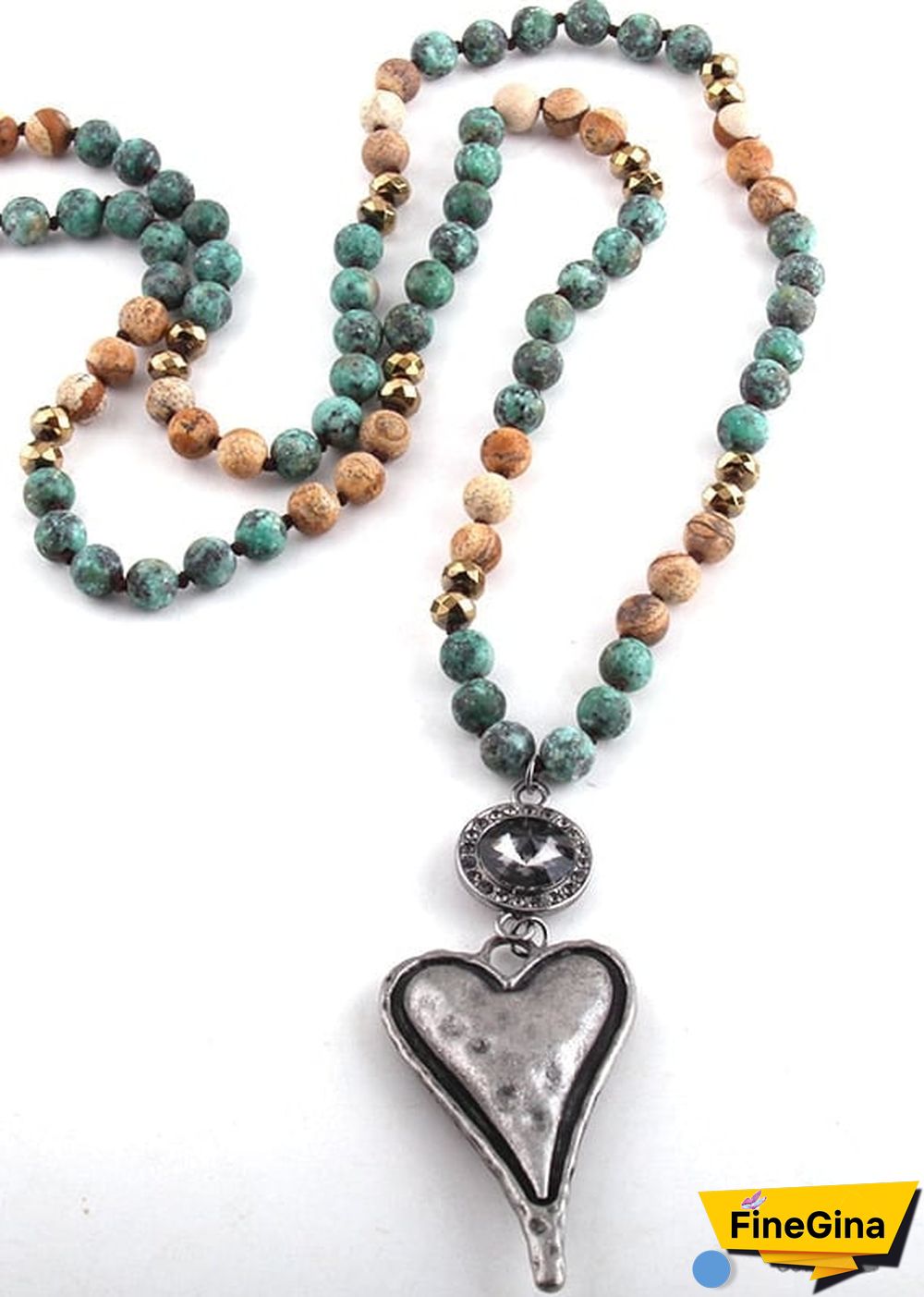 Boho Necklace, RH Amazonite Jasper, Heart Brown Natural Stone