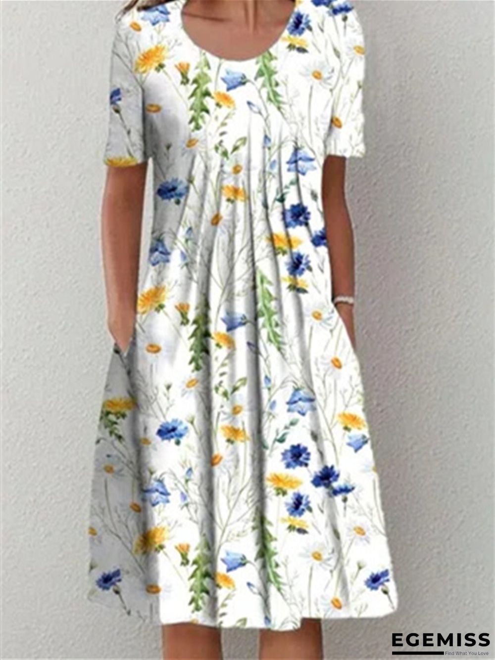 Casual Flower Round Neck Medium Length Straight Dress | EGEMISS