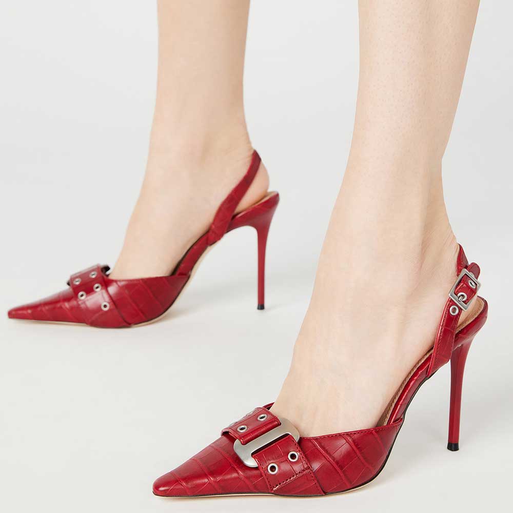 Chic Red Croco Embossed Grommet Strap Slingback Pumps with Buckle Nicepairs