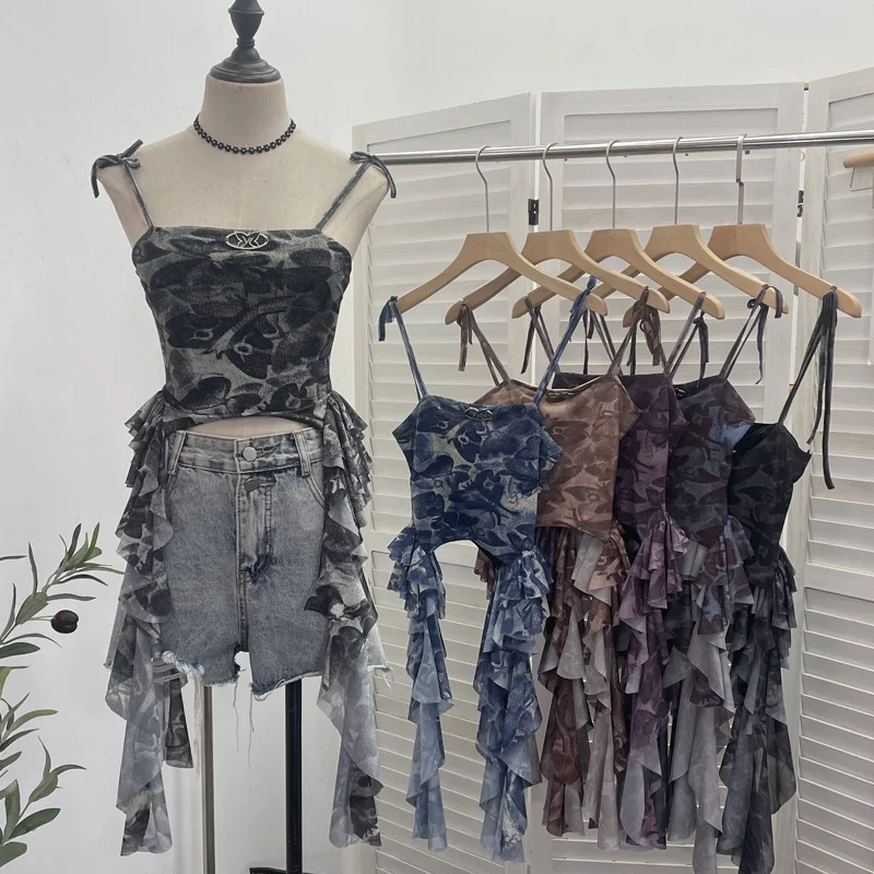 Uveng Real Shooting 2024 New Niche Babes Print Sling Vest Hem With Lotus Leaf Edge Sleeveless Top 6663