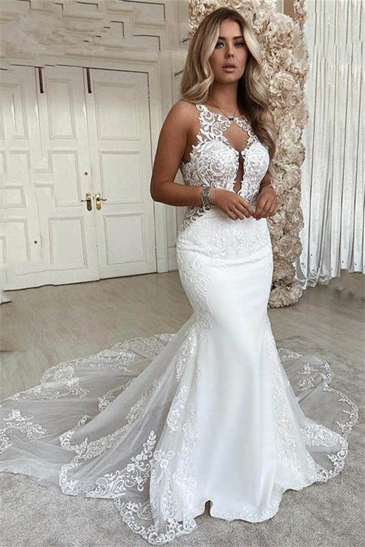 Oknass Long Sleeveless Wedding Dress Mermaid With Lace Appliques