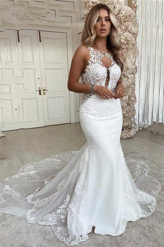 Long Sleeveless Mermaid Wedding Dress With Lace Appliques | Ballbellas Ballbellas