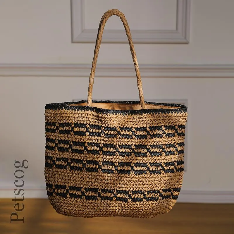 Right logo Women's Straw Bag Simple Design Woven Tote Bag Summer Beach Travel Shoulder Bags Bolso Mujer 2022