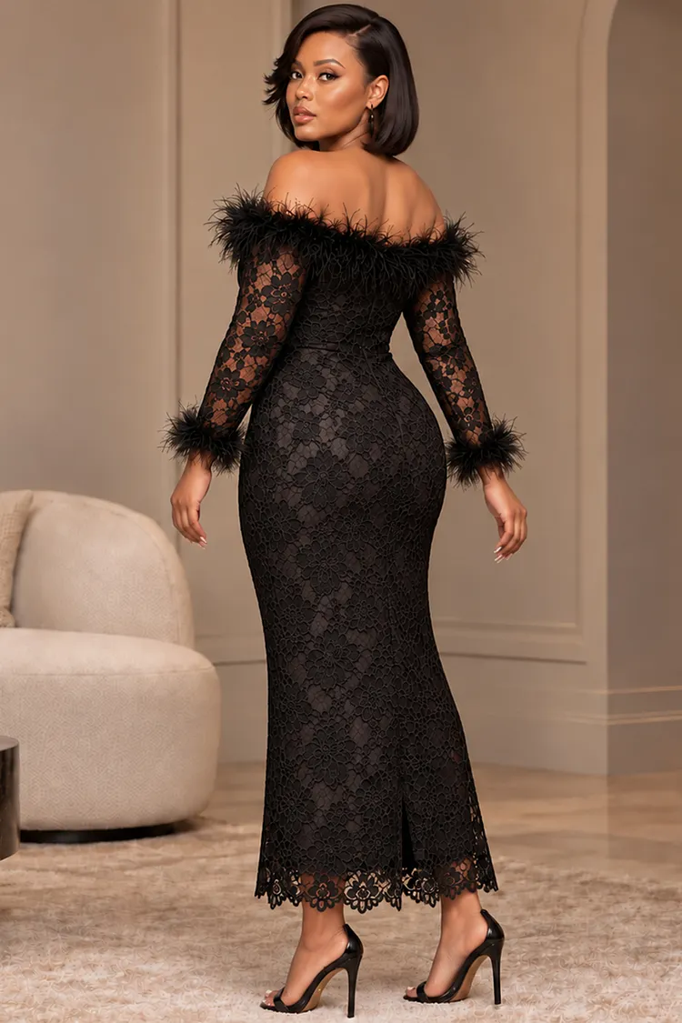 xpluswear formal dresses reviews Design Plus Size Black Off The Shoulder Long Sleeve Feather Split Lace Maxi [Pre-Order] classy plus size wedding guest dresses
