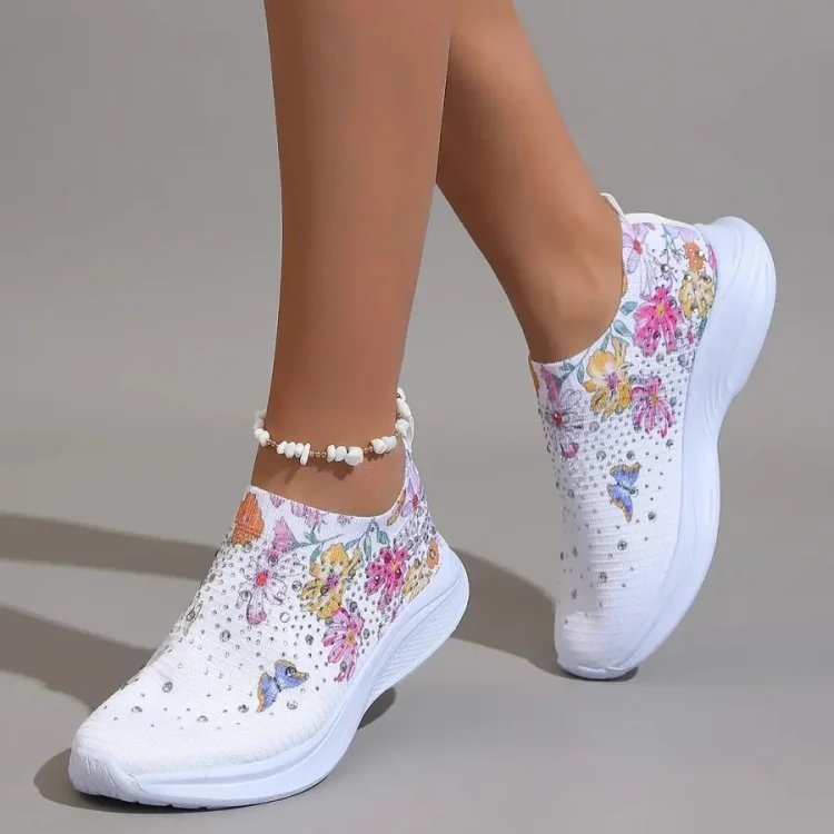 WOMEN'S FLOWER RHINESTONE SOCK COMFORTABLE SLIP ON SPORTS SNEAKERS