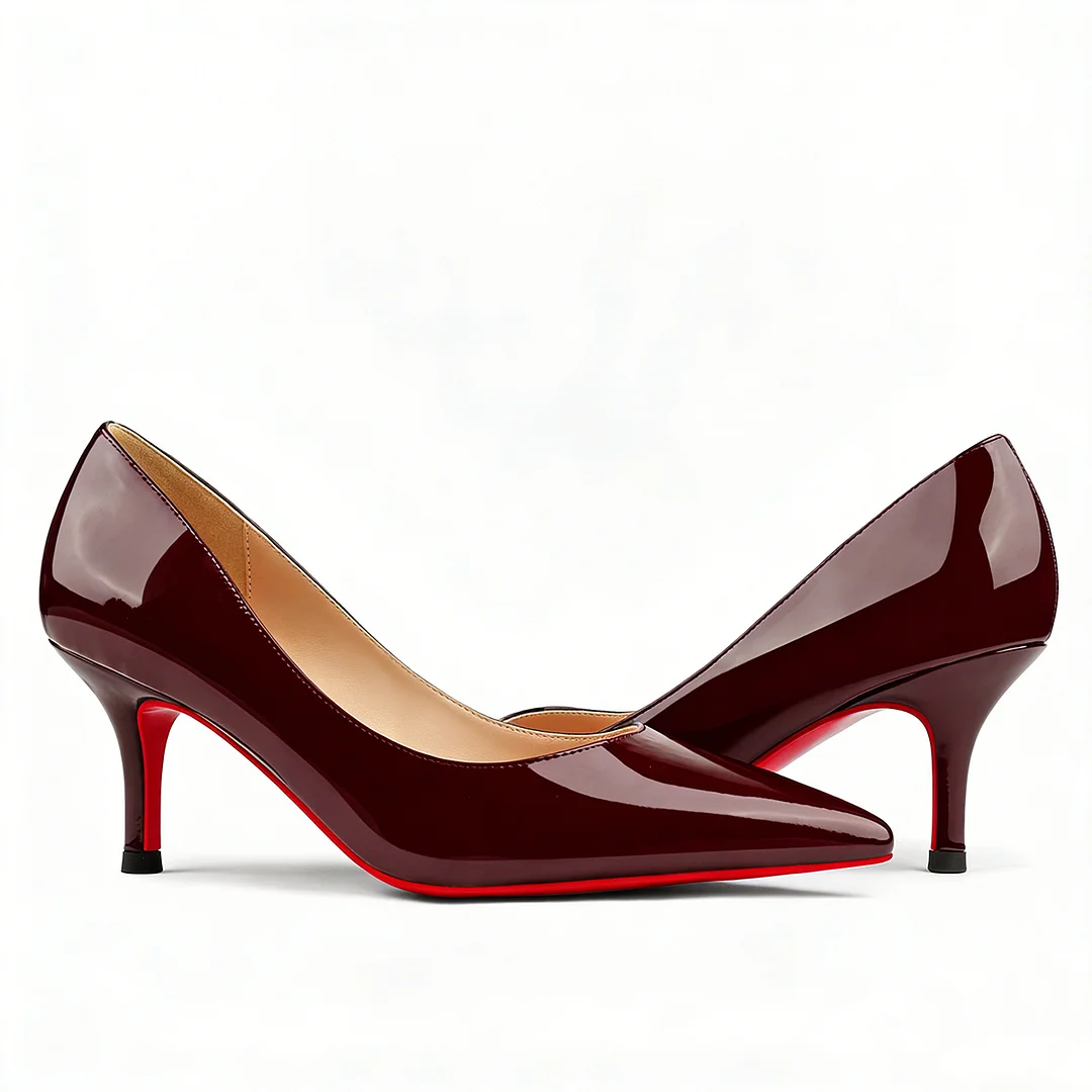 60mm Pointed Toe Red Bottom Kitten Heels Daily Patent Pumps for Women-MERUMOTE