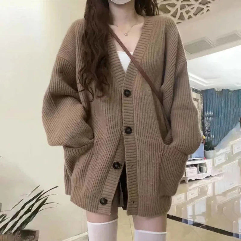 Aiertu Autumn Winter Women Cardigan Sweater Coats Fashion Female Long Sleeve V-neck Loose Knitted Jackets Casual Sweater Cardigans Aiertu