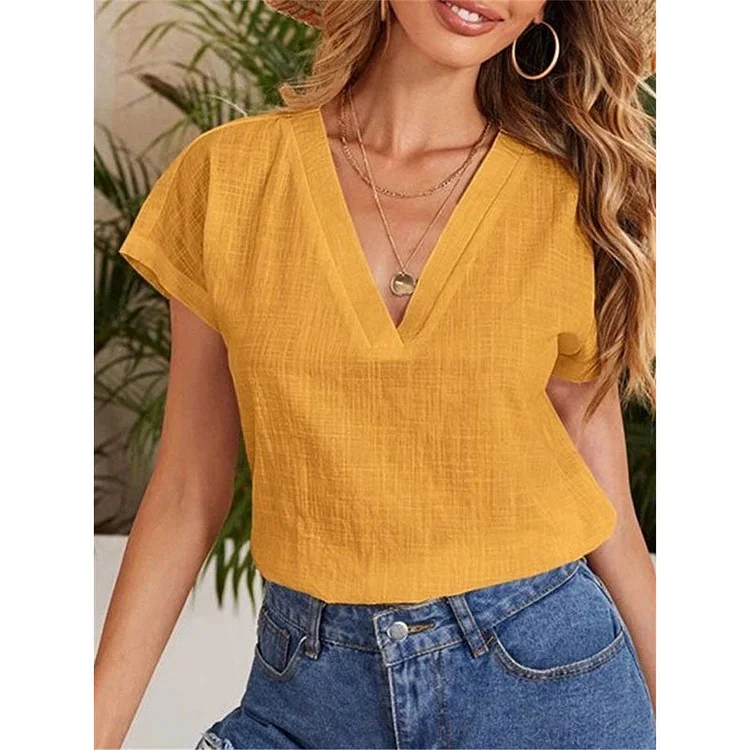 Cotton Linen Women's V-Neck Solid Color Short Sleeve Shirt socialshop