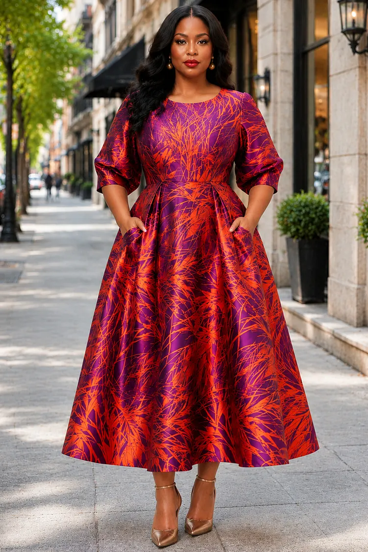 Xpluswear Design Plus Size Wedding Guest Red Graphic Round Neck 3/4 Sleeve Pocket Satin Midi Dresses [Pre-Order] 2024 - Xpluswear