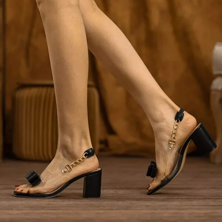 transparent Chunky Heel Sandals Women's transparent Shoes Square Toe Bow Heels |FSJ Shoes