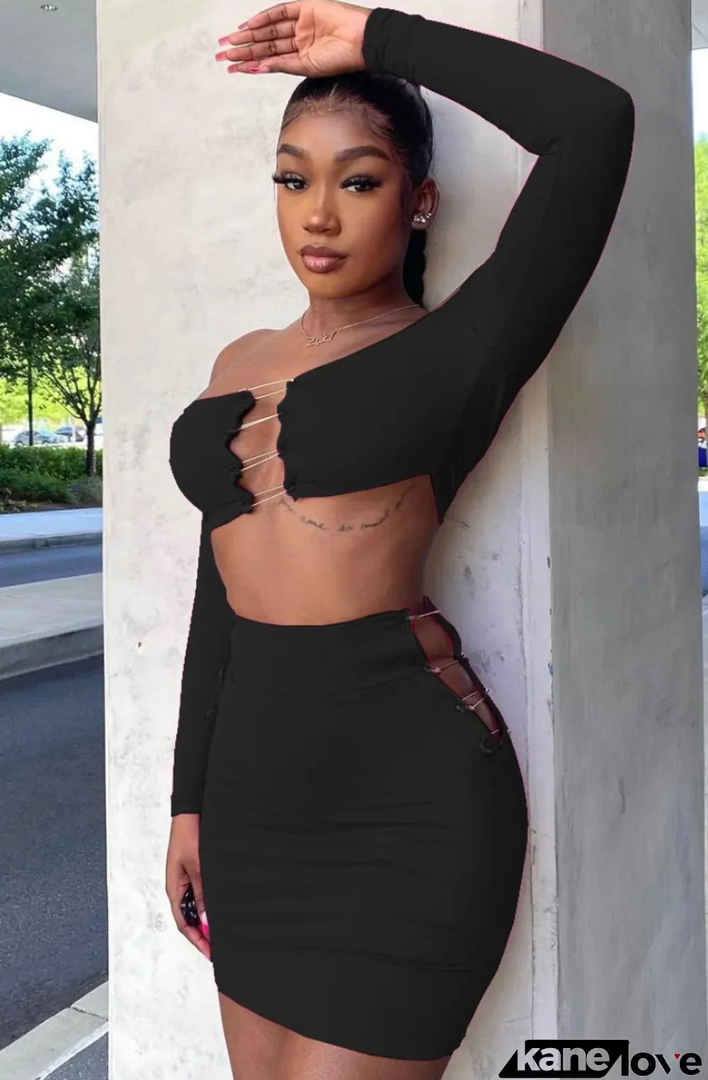 Summer Black Sexy Hollow Out Strapless Crop Top and Mini Skirt Set