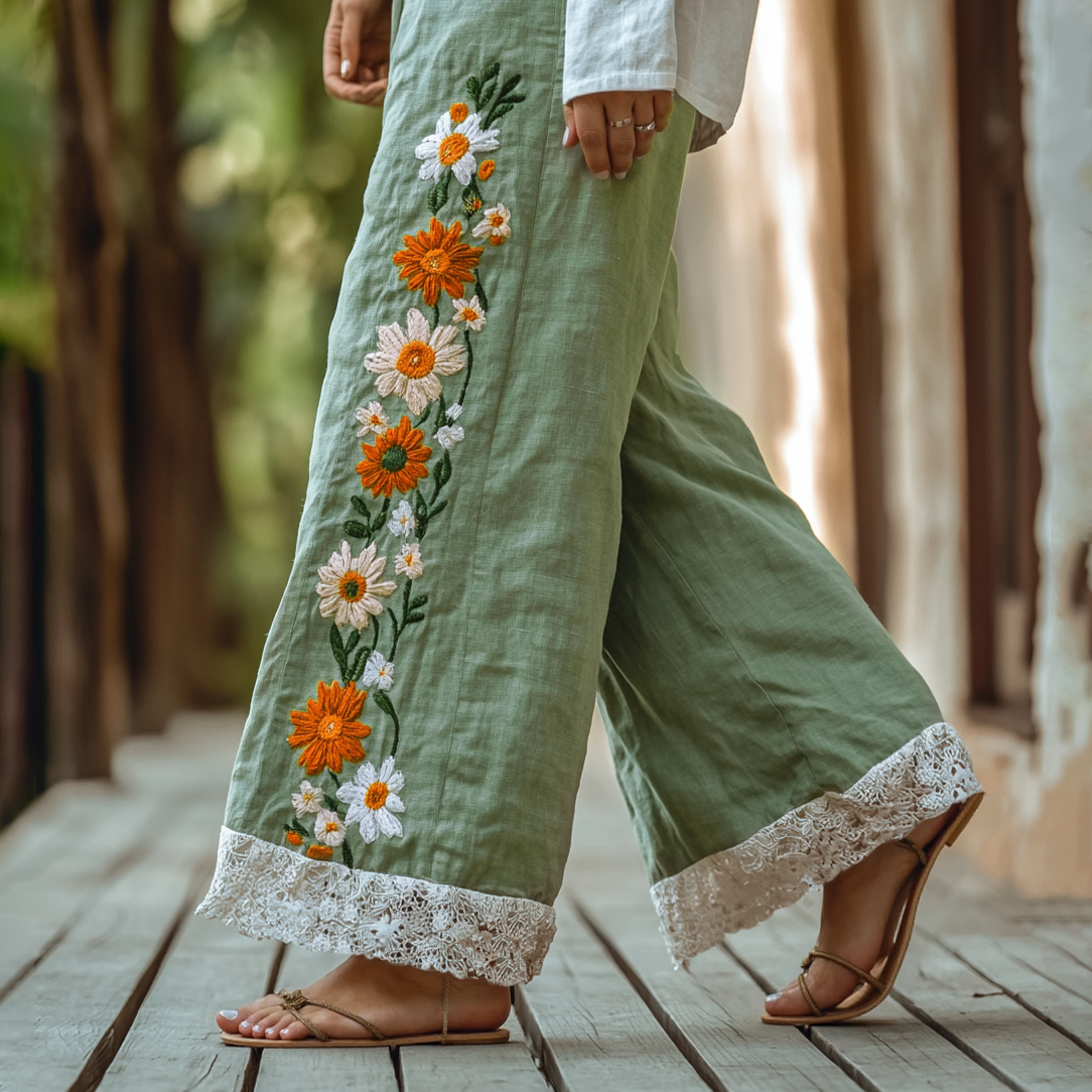 Comstylish Retro Boho Floral Lace Embroidery Art Cotton Linen Wide Leg Pants