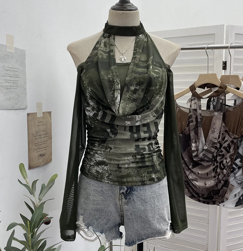 Nigikala Nigikala Hottie Hanging Neck A Word Shoulder Collar Long Sleeve Mesh Yarn T-Shirt 1331