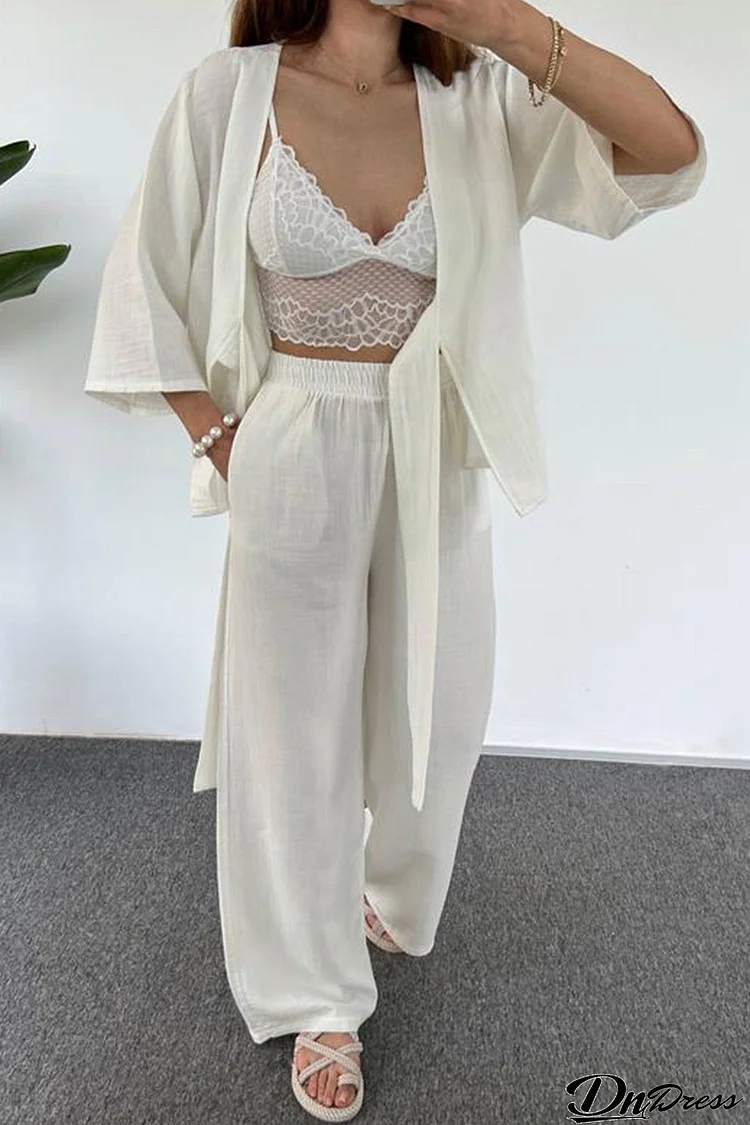 Open Front Tie-Up Shirt Long Pants Set