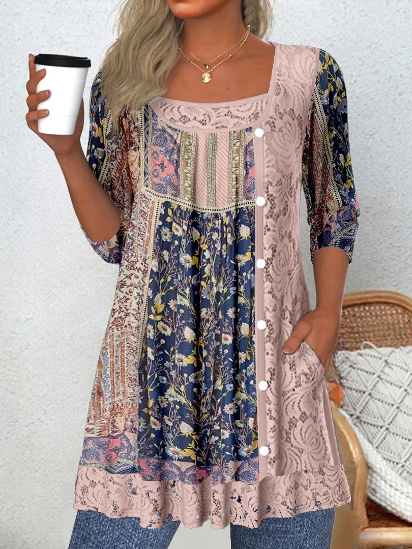 Women's Long Sleeve Scoop Neck Graphic Lace Tops