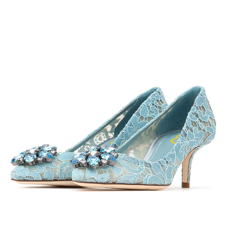 Light Blue Wedding Shoes Lace Heels Pointy Toe Rhinestone Pumps |FSJ Shoes