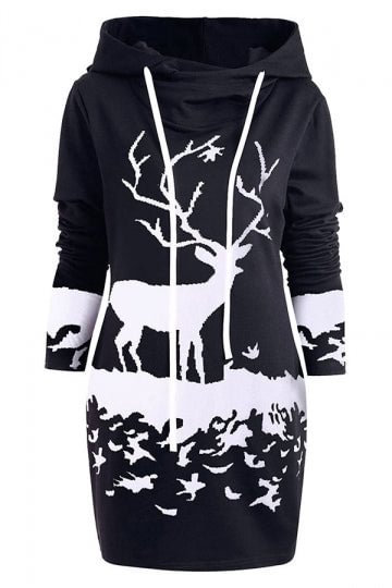 Long Sleeve Drawstring Reindeer Christmas Hoodie Dress Black-elleschic