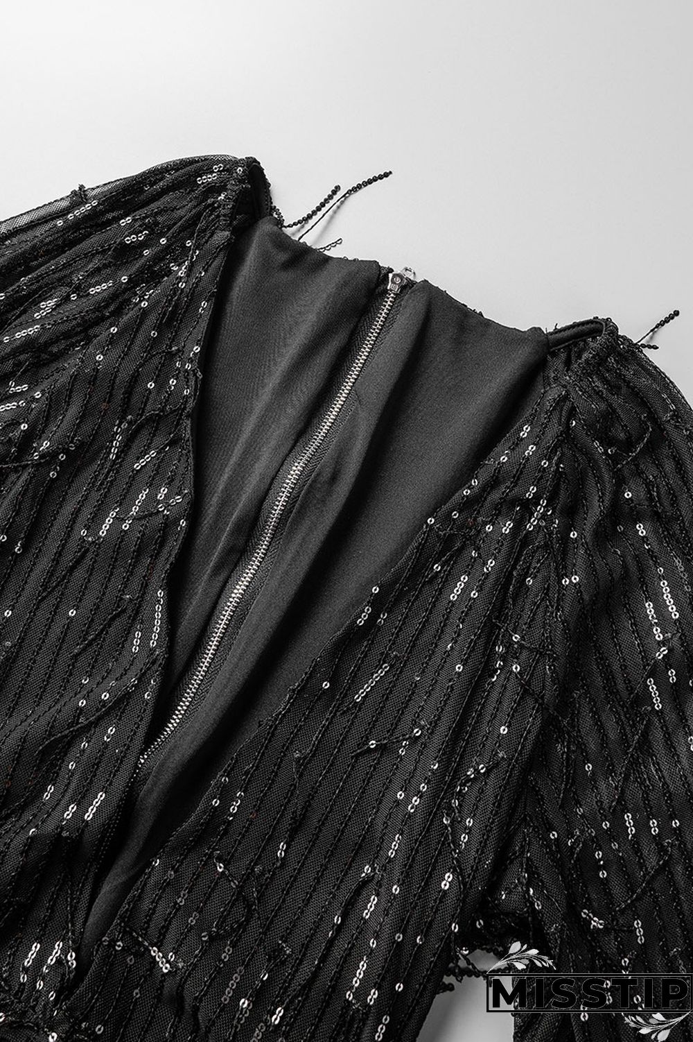 Black Casual Patchwork Tassel Sequins V Neck Long Sleeve Dresses