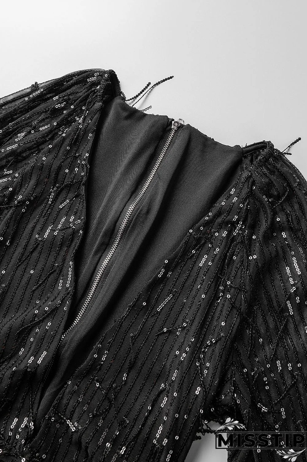 Black Casual Patchwork Tassel Sequins V Neck Long Sleeve Dresses