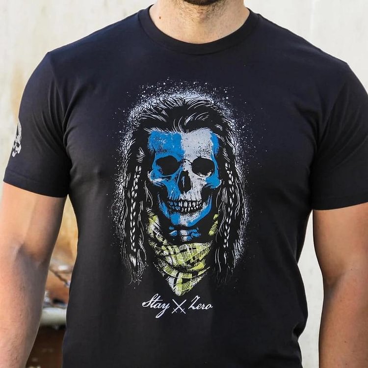 Round neck blue skull printed T-shirt