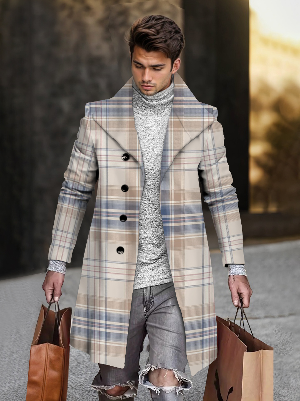 Men's fashion geometric print mid-length coat 047
