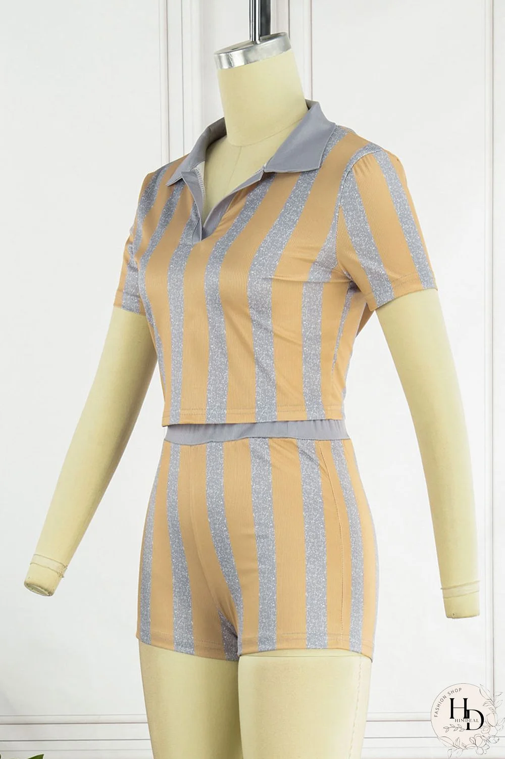 Brownness Sexy Striped Print Bandage Patchwork Backless Turndown Collar Short Sleeve Two Pieces