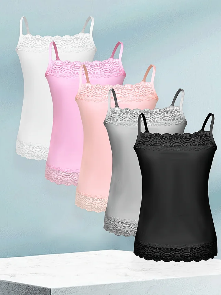 5pcs Women's Slim Fit Camisole Tops With Lace Trim - Soft Stretchy Tank Tops For Layering, 5 Colors White, Light Pink, Beige, Gray, Black) - Breathable Casual Wear, Versatile Layering Piece, Elegant Undergarment, Delicate Lace Detail