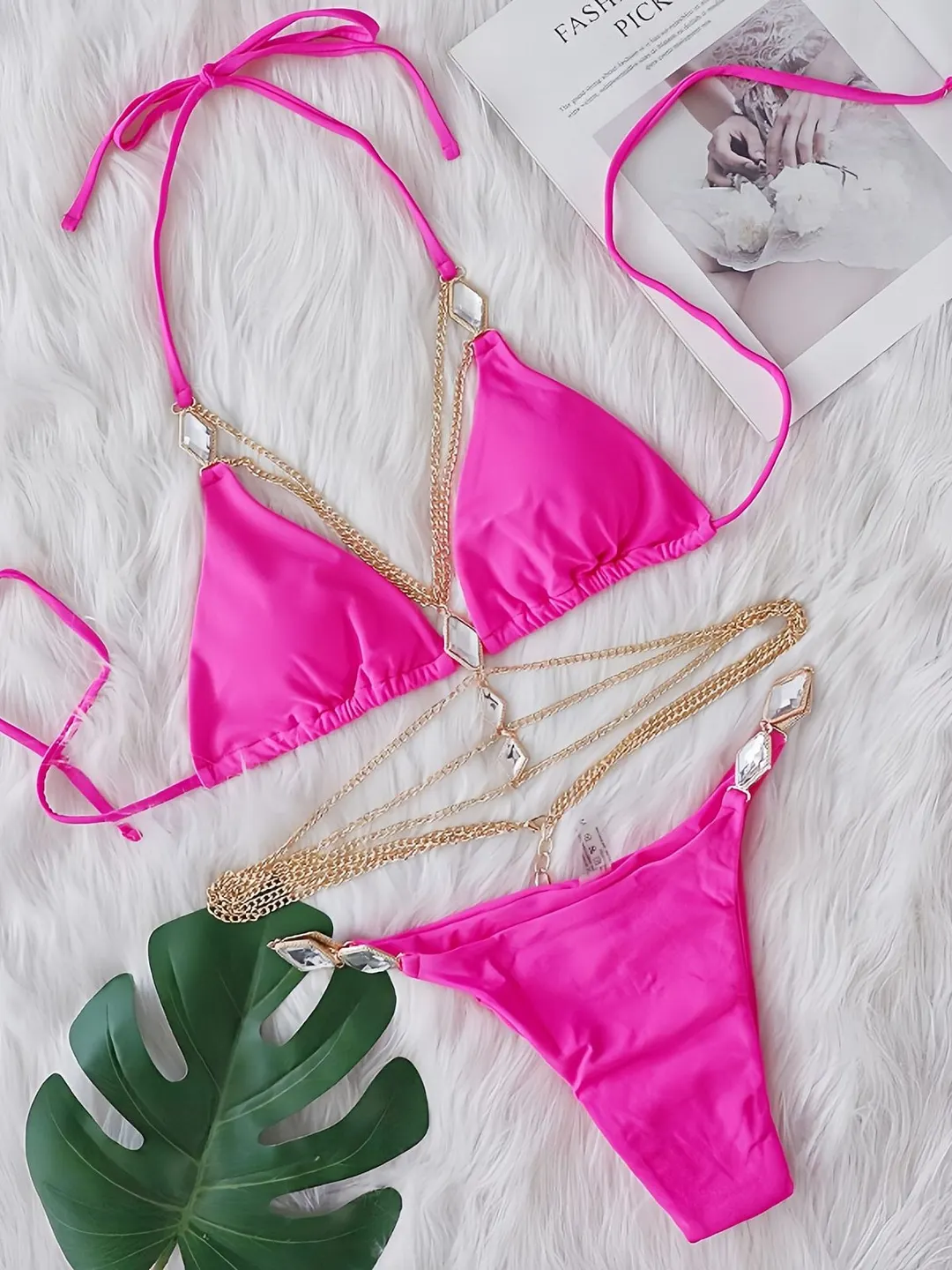 Uveng Uveng 2025 New Bikini Crystal Diamond Body Chain Decoration Swimsuit Strap Split Beach Swimsuit
