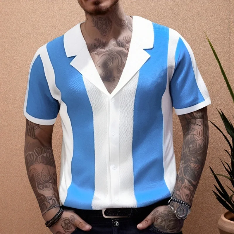 Uveng Uveng And South Korea New Men's Clothing Summer Temperament Shirt Collar Knitted Shirt Splicing Color Business POLO Shirt Men SY0108
