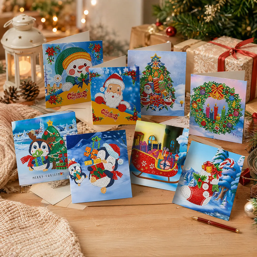 8PCS Winter Cartoon DIY Diamond Painting Greeting Card Kits with Envelopes Diamond Art Greeting Cards Diamond Art Cards Kits for Adults DIY Crafts Family Friend Gifts